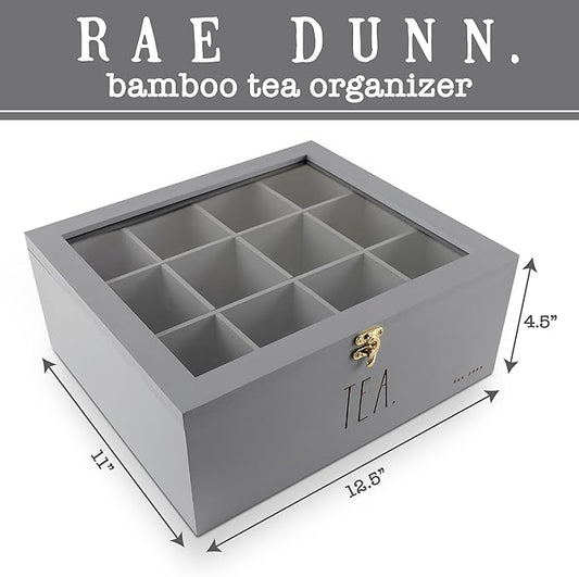 Rae Dunn Tea Bag Organizer - Tea Box Divided Storage Container Box with Hinge Lid for Kitchen Cabinet, Countertop, Pantry, Hold Coffee Pods, Seasoning Packets, Condiments, Grey