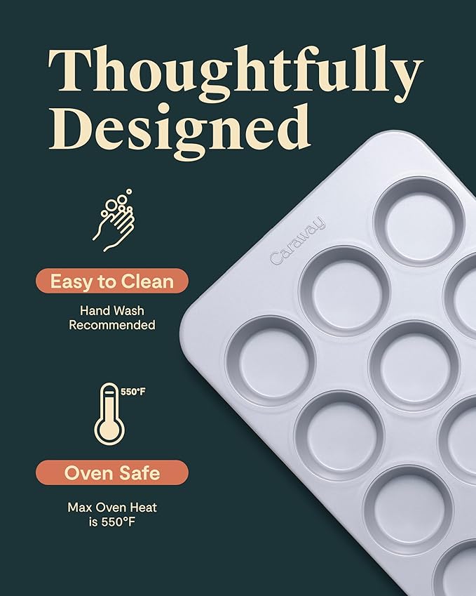 Caraway Non-Stick Ceramic 12-Cup Muffin Pan - Naturally Slick Ceramic Coating - Non-Toxic PTFE & PFOA Free - Perfect for Cupcakes, Muffins, and More - Sage