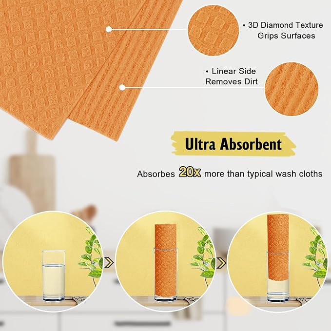 Swedish Dishcloths for Kitchen | 6 Pack Absorbent Cellulose Sponge Cloths Washable | Non-Scratch Reusable Paper Towels Quick Drying Cleaning Cloths - Orange