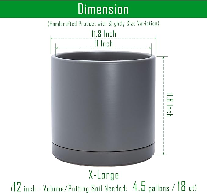 D'vine Dev 12 Inch Ceramic Planter Pot with Drainage Hole and Saucer, Indoor Cylinder Round Planter Pot, Speckled Grey, 94-O-F-3