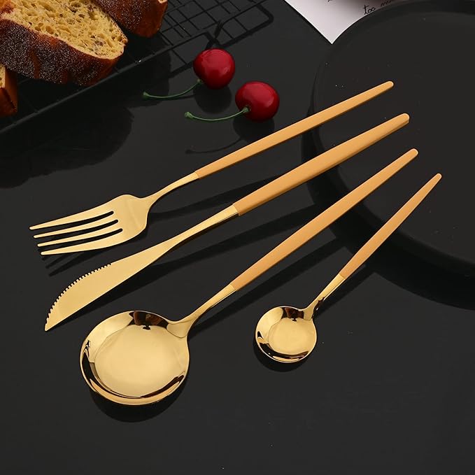 JASHII Flatware Set 24 Piece, Stainless Steel Silverware Set, Macaron Small Fresh Color Cutlery Set, Modern Elegant Tableware Set for Party, Christmas, Dinner (Yellow Gold)