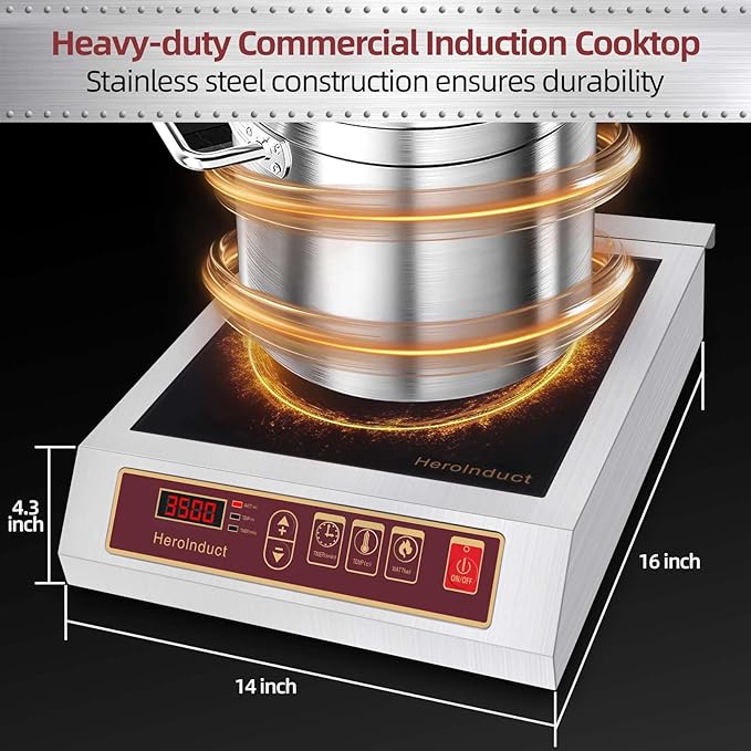 Induction Cooktop 208-240V 3500W Commercial Range Induction Burner Dual IGBT Modules 8 Heating Level Sensor Push-Button Premium Stainless Steel Housing Crystal Glass Electric Cooktop(Red)