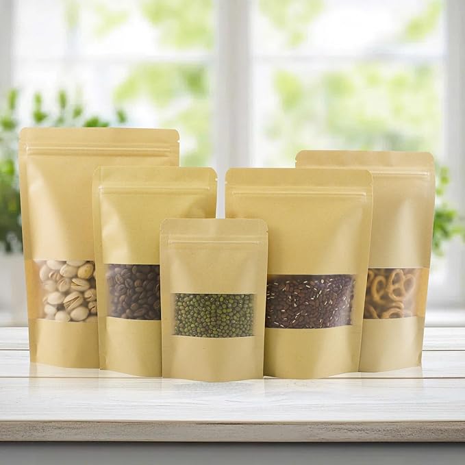 100 PCS Resealable Bags, Stand Up Kraft Paper Bags with Matte Window, Zipper Lock Food Storage Bags for Small Business and Home, 6.2 * 8.6 Inches Reusable Sealable Bags for Packaging