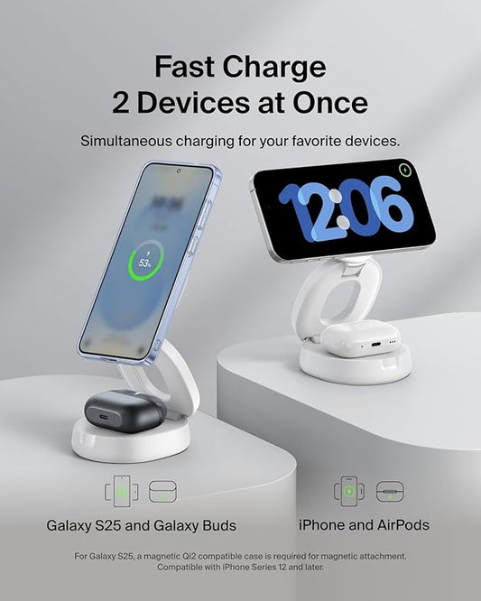 Belkin MagSafe Charger Compatible, 2-in-1 Qi2 Wireless Charging Station 15W, Convertible Charger for iPhone 17, Apple Watch, AirPods, Pixel 10, Portable Phone Stand for Travel w/ 30W Adapter - White