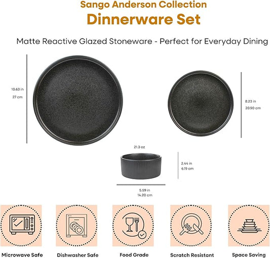 Sango 12 Pieces Stoneware Fluted Dinnerware Set, Modern Black Dishes for 4, Premium Serving Plates and Bowls Sets, Chip & Scratch Resistant, Ceramic Kitchen Dish, Microwave & Dishwasher Safe, Anderson