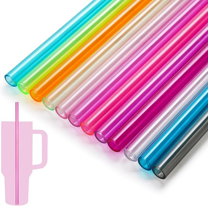 NiHome 12-Pack Plastic Reusable Drinking Straws for Stanley 40 oz 30oz 64 oz Tumbler, 12 Colors 12 In Reusable Straws Fit for Stanley Cups w/ 2 Brushes, BPA-Free for Cold & Hot Beverages (12 Colors)