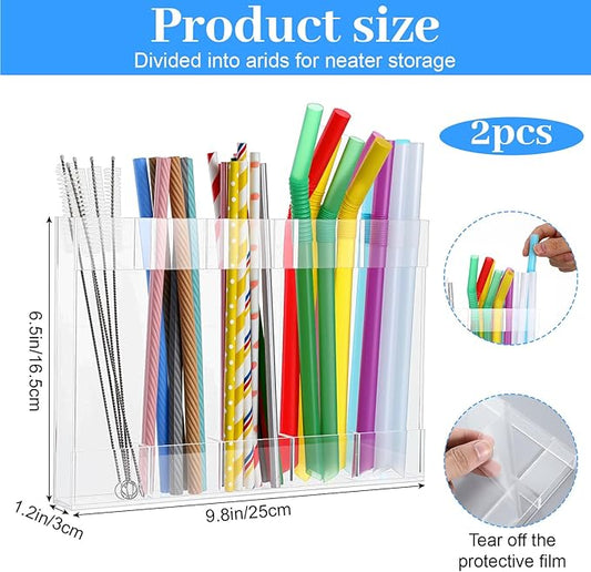 9.8" Large Acrylic Straw Holder for Cabinet Door with Ultra Sticky Double Sided Adhesive Tape, Reusable Straws Organizer, Transparent Storage Dispenser for Kitchen Counter Cupboard (2 Pcs)