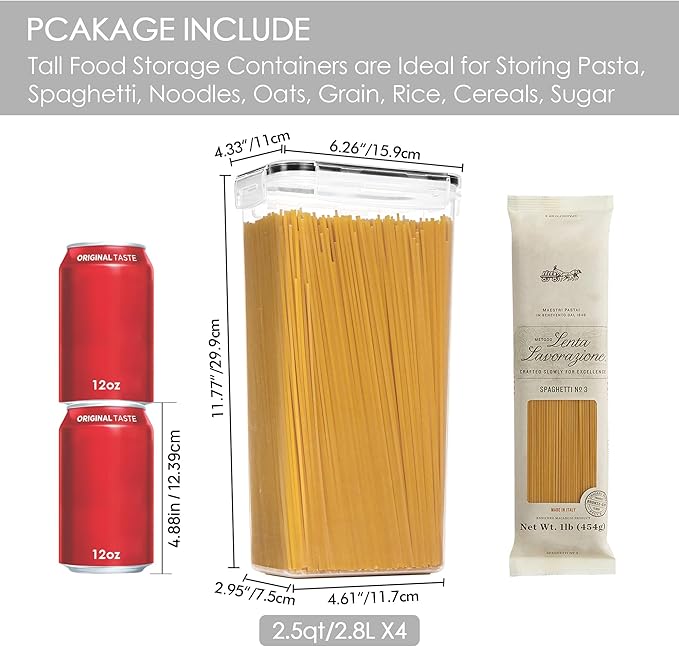 Vtopmart Airtight Food Storage Containers with Lids, 4 PCS 2.8L Pasta Containers for Pantry Organization and Storage, BPA Free Kitchen Canisters for Spaghetti, Flour, Sugar and Noodles, Black