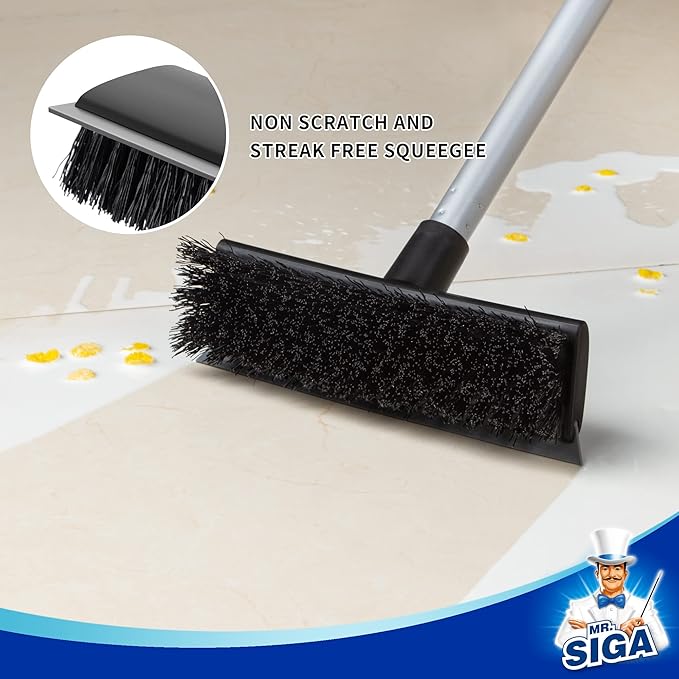 MR.SIGA Floor Scrub Brush with Long Handle, 2 in 1 Scrubber and Squeegee for Cleaning Bathroom, Patio, Garage, Wall, Tile with Stiff Bristles