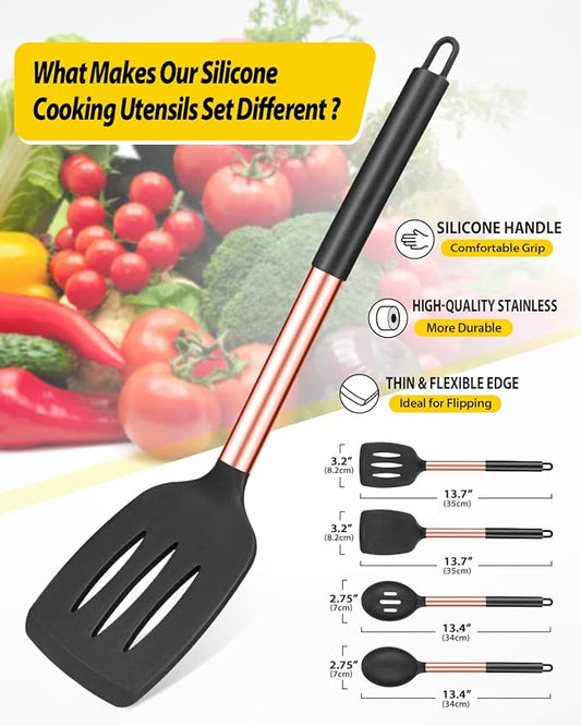 Pack of 4 Silicone Cooking Utensils Set, Non Stick Large Solid Spatulas, Heat Resistant Rose Gold Black Slotted Spoons, Ideal BPA Free Kitchen Turners for Frying, Mixing,Serving,Draining,Turning