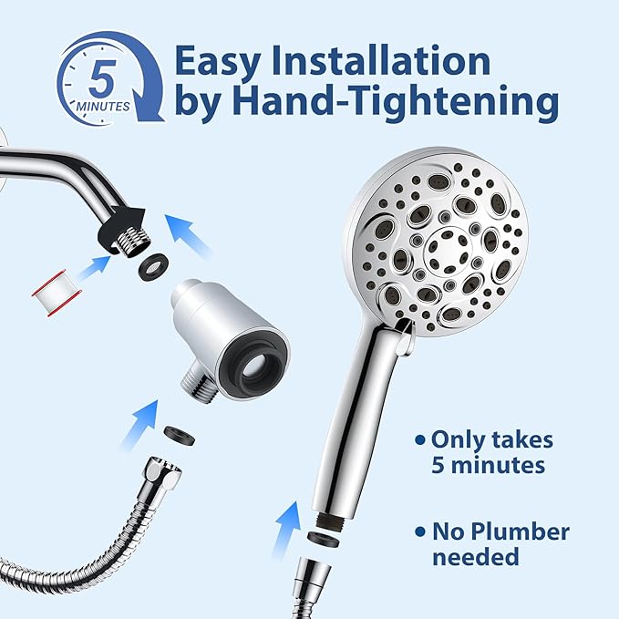 Filtered Handheld Shower Head with Chlorine Filter - 10 High Pressure Spray Modes, Magnetic Mount, 71-Inch Hose, Water Saving & Easy Install (All Chrome)