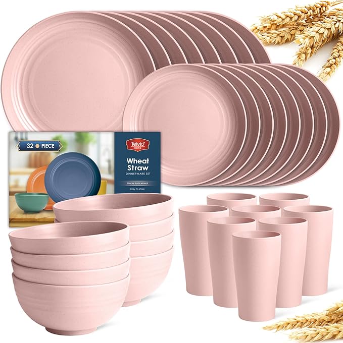 Teivio 32-Piece Kitchen Plastic Wheat Straw Dinnerware Set, Service for 8, Dinner Plates, Dessert Plate, Cereal Bowls, Cups, Unbreakable Colorful Plastic Outdoor Camping Dishes, Pink