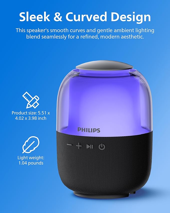 Philips S2108 Portable Bluetooth Speaker, 5W RMS, 7H Playtime, TWS Stereo Pairing, LED Light Effects, USB-C Charging – Punchy bass, Compact Wireless Speaker for Home, Outdoor, Travel