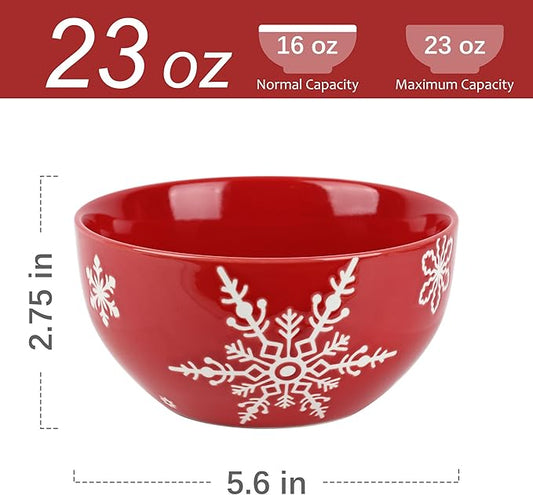 Ollieroo 4 Pieces Ceramic Christmas Cereal Bowls Set, 5.6 Inch White Red Snowflake Xmas Holiday Porcelain All Purpose Dessert Soup Bowls Set for Pasta, Rice, Salad, Microwave and Dishwasher Safe