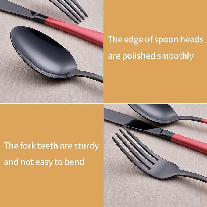 20-Piece Black Silverware Set 18/0 Stainless Steel Silverware Set Pink Handle Cutlery Set Service for 4 Dinner Knives Forks Spoons Set Flatware Set Finish Dishwasher Safe(Black and Pink)