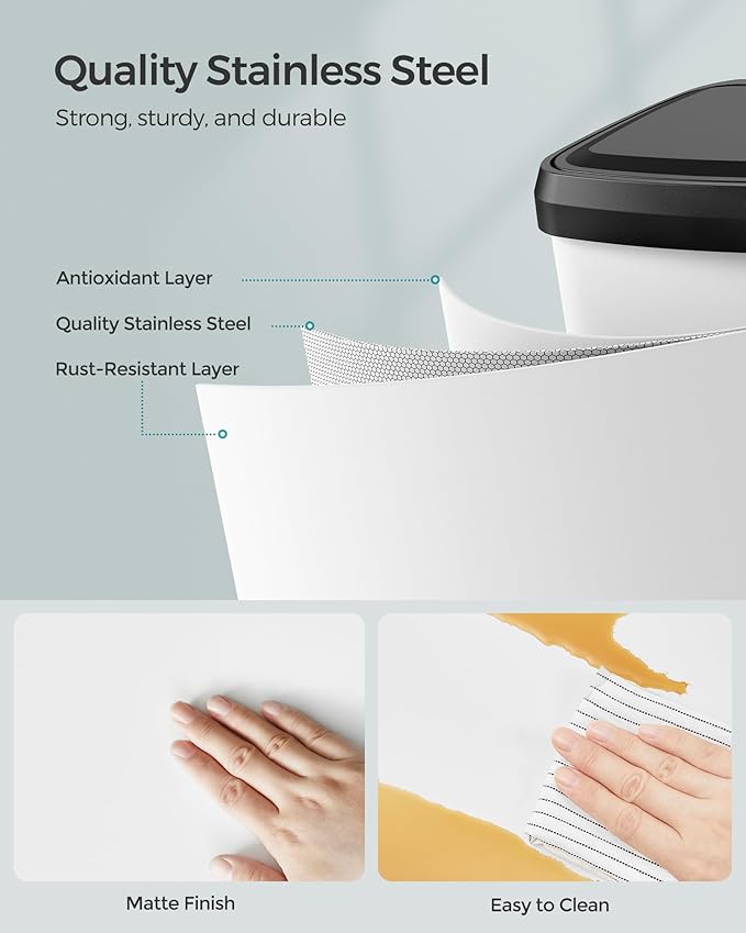 SONGMICS Kitchen Trash Can, 18-Gallon Stainless Steel Garbage Can, with Stay-Open Lid and Step-on Pedal, Soft Closure, Tall, Large and Space-Saving, White and Black ULTB520W68