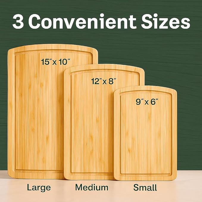 Wood Cutting Boards for Kitchen - Bamboo Cutting Board Set with Deep Juice Groove & Side Handles - Carving Chopping Board Butcher Block for Meat, Vegetables, Charcuterie, Cheese, Serving, or Meal Prep