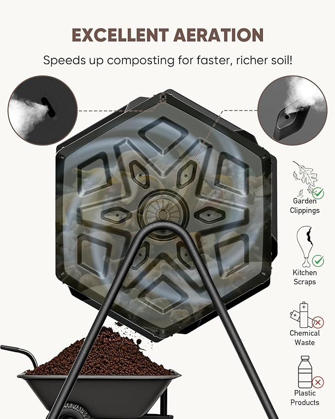 THEGROW'ING Updated 43 Gallon Compost Bin Outdoor, Fast Assemble Tumbling Composter, Dual Chamber Composter Tumbler, Rotating Compost Bin for Outside, Backyard, Garden and Yard, Black
