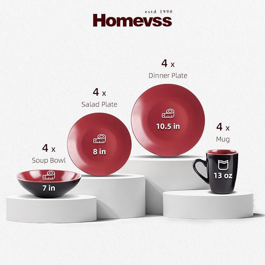 Colors Life 16pc Dinnerware Set,Shiny Black and Matte Berry