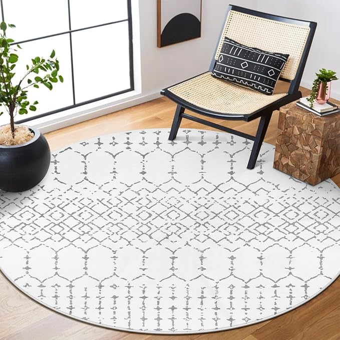 Lahome Moroccan Round Rugs - 4Ft Washable Non-Slip Small Round Area Rug for Bedroom Soft White Low-Pile Round Throw Rug, Modern Geometric Print Indoor Circle Rugs for Kitchen Living Room Sofa Nursery