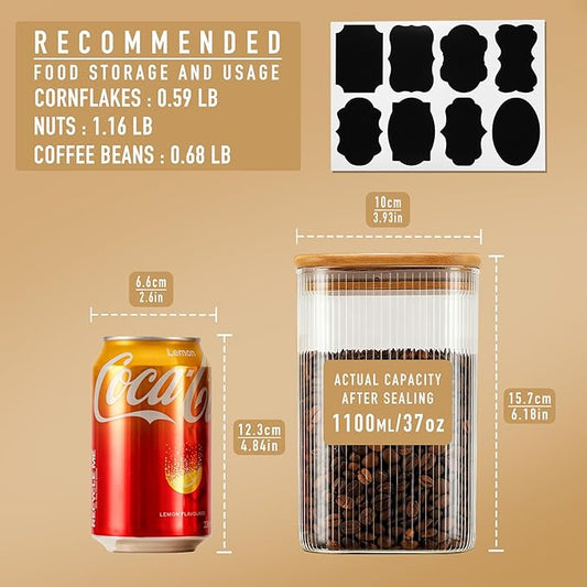 37oz Airtight Glass Square Storage Canisters with Bamboo Lids Set of 4 (1100ml) Striped Stackable Containers, Kitchen Jars for Pantry Noodles, Flour and Coffee beans (with Black Lable)