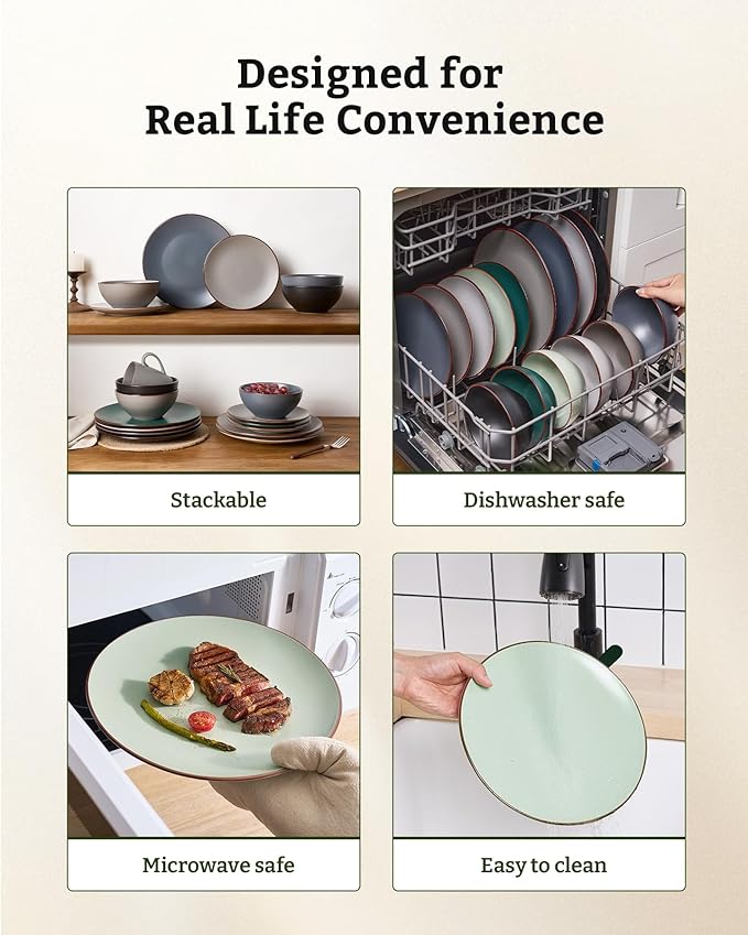 Famiware Venus Plates and Bowls Sets, 18 Pieces Stoneware Dinnerware Sets, Speckled Dishes Set for 6, Microwave and Dishwasher Safe, Matte Light Green