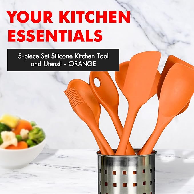 Chef Craft Premium Silicone Kitchen Tool and Utensil Set, 5 Piece, Orange