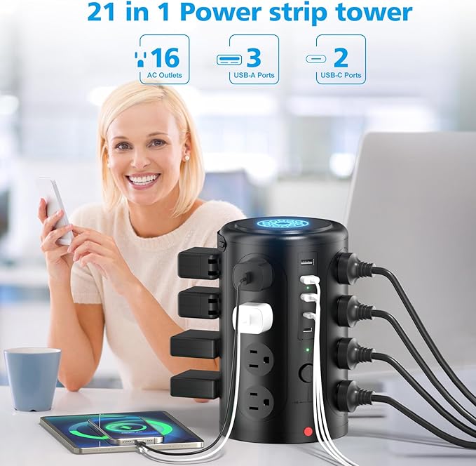 Surge Protector Power Strip,Desk Charging Station with 15W Wireless Charger, Multiple Outlets Charging Station with 16 AC Outlets & 5 USB (2 USB C) Port, for Home, Office, Dorm Room(10FT)
