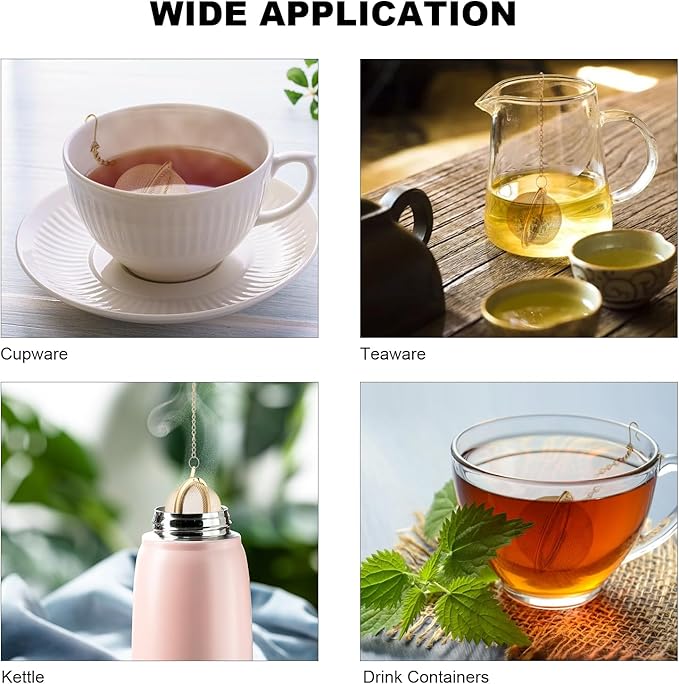 Tea Ball Infuser with Chain;; Premium Stainless Steel Fine Mesh Screen Tea Strainer Filters Colander Cullender Sieve Infusion Steeper Maker for Loose Leaf Tea Herbs, 2 Pieces, Golden