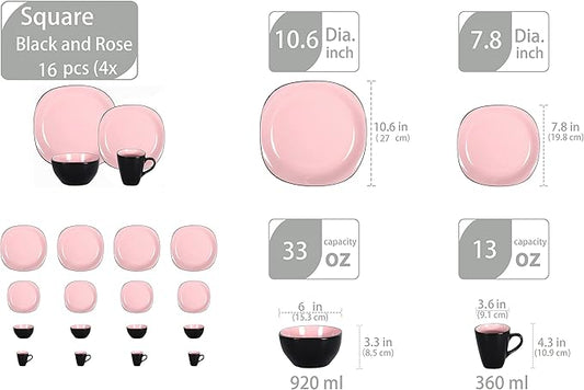 Stoneware Square 16pc Dinnerware Set, Inside Shiny Rose + Outside Matte Black