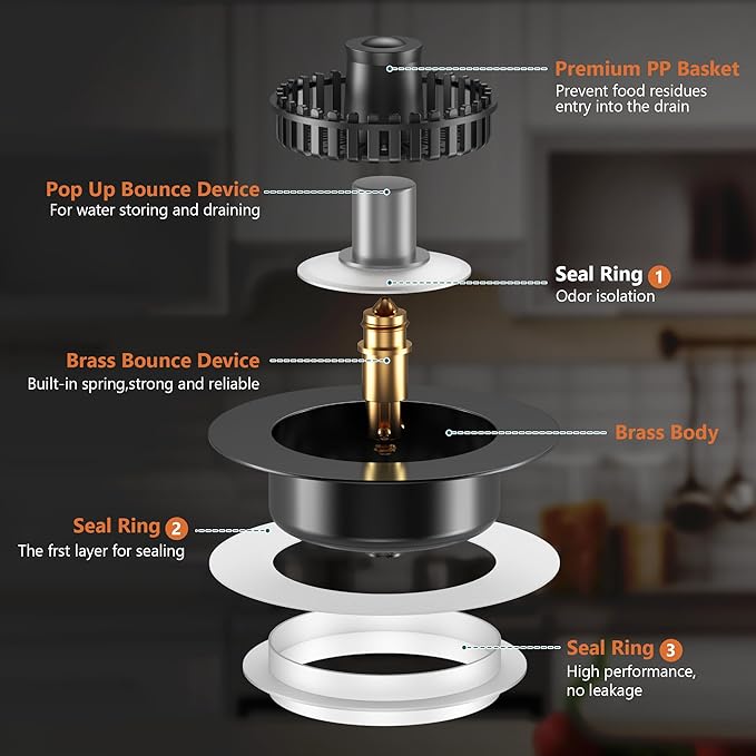 3 in 1 Kitchen Sink Strainer & Stopper, Pop Up Drain Plug for 3.5 Inch Sink – Anti-Clogging, Brass Core, Easy to Clean with Bonus Basket – Black – DIKSEFN