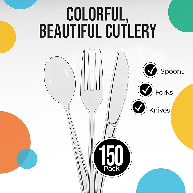 Party Solids Clear Plastic Silverware Heavy Duty 150 Pieces Clear Disposable Silverware Heavy Duty, Utensil Sets, 50 Of Each Forks, Knives & Spoons Disposable Cutlery Set For Party Supplies
