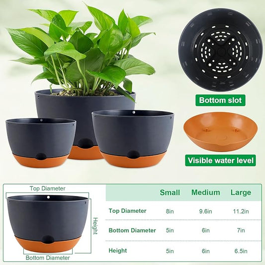 8/8/10/12 Inch Pots for Plants, 4 Pack Large Self Watering Pots for Indoor Plants with Drainage and Saucers, Plastic Outdoor Flower Pot(Grey)