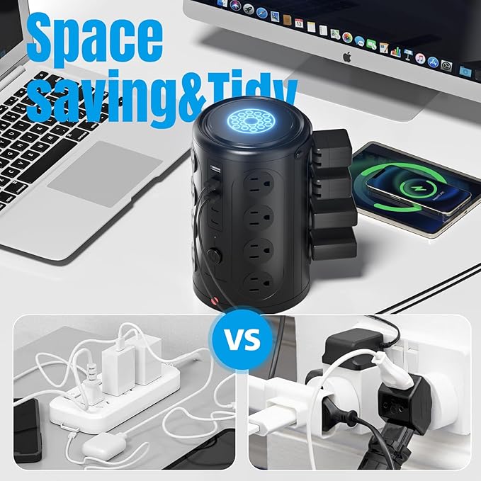 Surge Protector Power Strip,Desk Charging Station with 15W Wireless Charger, Multiple Outlets Charging Station with 16 AC Outlets & 5 USB (2 USB C) Port, for Home, Office, Dorm Room(10FT)