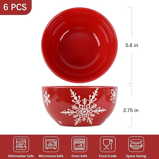 6 Pcs Christmas Cereal Bowls, 23 Oz Ceramic Bowl Set, Deep Serving Bowls, White Red Snowflake Xmas Holiday Soup Bowls for Salad, Dessert, Pasta, Ice Cream, Dishwasher and Microwave Safe