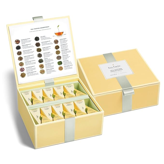 Tea Forte Tea Tasting Assortment Premium Tea Chest Gift Sampler, 40 Count, 2 of each Variety Blend Individually Wrapped Handcrafted Pyramid Infuser Bags