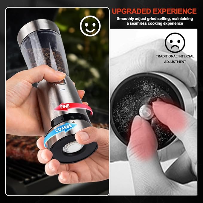 Electric Salt and Pepper Grinder Set, with LED Lights, Stainless Steel Automatic Pepper & Salt Mill with 5 Adjustable Coarseness (Upgraded Larger Capacity 150 ML)