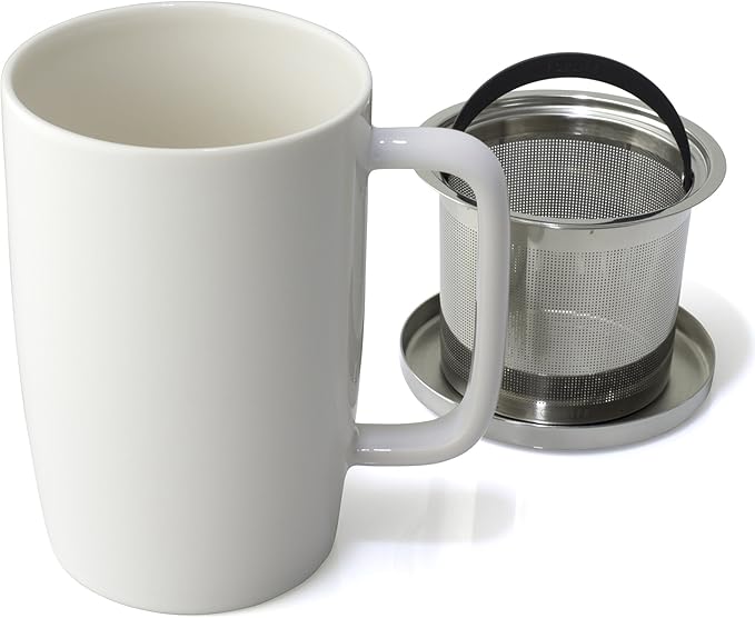 FORLIFE Dew Glossy Finish Brew-In-Mug with Basket Infuser & "Mirror" Stainless Lid 18 oz., White