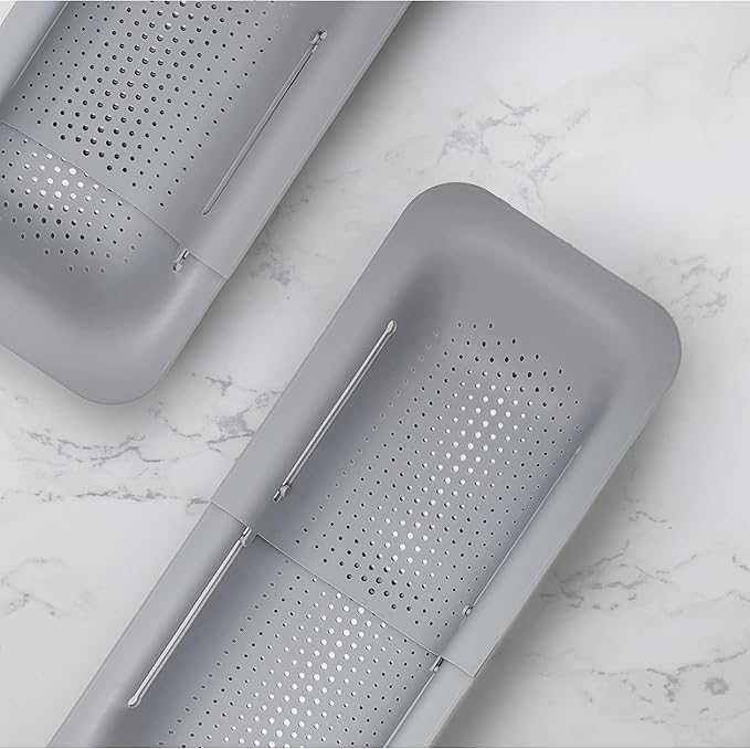 Makerstep Over the Sink Colander Strainer Basket - Expandable, Wash, Drain, and Dry. - New Home Kitchen Essentials, Multifunctional Kitchen Gadgets, Grey 14.25x8