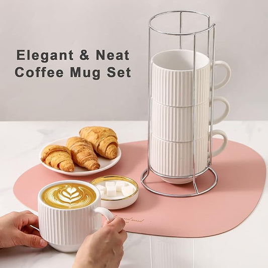 HASENSE Ceramic Coffee Mugs Set of 4 with Rack - 15 oz Stackable Large Porcelain Ribbed Latte Cup Set for Cappuccino, Tea, Hot Cocoa, Drinks - Dishwasher & Microwave Safe, White