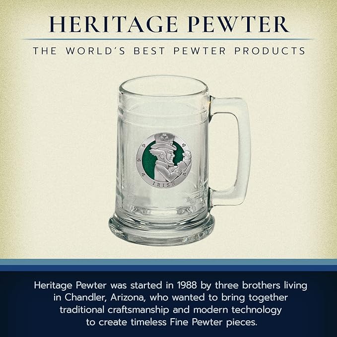 Heritage Pewter Irish Fighter Beer Stein Glass | 15 Ounce German-Style Beer Glass | Intricately Crafted Metal Pewter Alma Mater Inlay