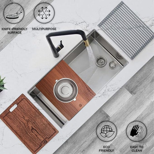 Strictly Sinks Wooden Cutting Board & Strainer Bowl Combo for Kitchen – Over the Sink Cutting Board with Colander, Light Weight & Scratch Resistant Combo ((16-3/8 x 13-3/4 x 7/8))