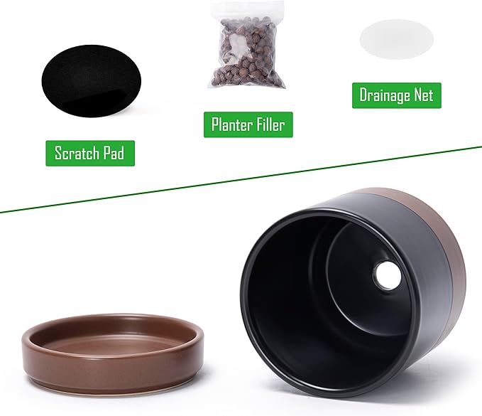 D'vine Dev 4.7 Inch Ceramic Planter Pot with Drainage Hole and Saucer, Indoor Cylinder Round Planter Pot, Black/Speckled Tan, 94-O-B-7