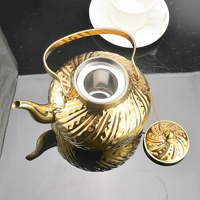 SANQIAHOME 2000ml stainless steel antique style teapot,with Infuser, thickened boiling kettle, lifting handle,Gold