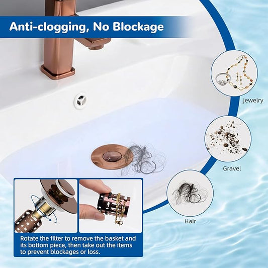 Hibbent Upgraded 3 in 1 Bathroom Sink Drain Strainer, Universal Pop Up Stopper with Removable Stainless Steel Filter Basket Hair Catcher, Sink Plug for 1.1''~2.36'' Basin, Brass Bullet Core, Rose Gold