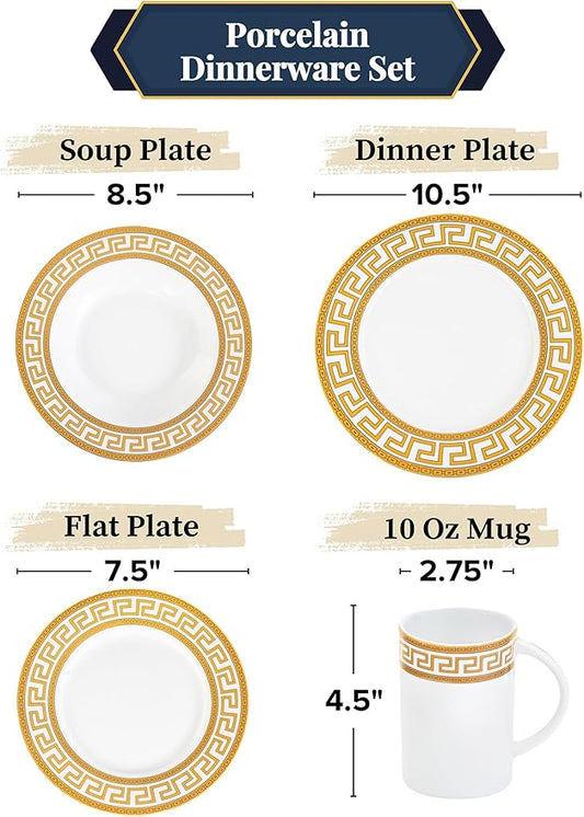 60 Piece Porcelain Dinnerware Sets – Service for 12 Plates, Mugs, Bowls – White with Gold Greek Key Design Dish Set for Kitchen Table, Everyday Dining or Formal Occasions (Meander Gold)