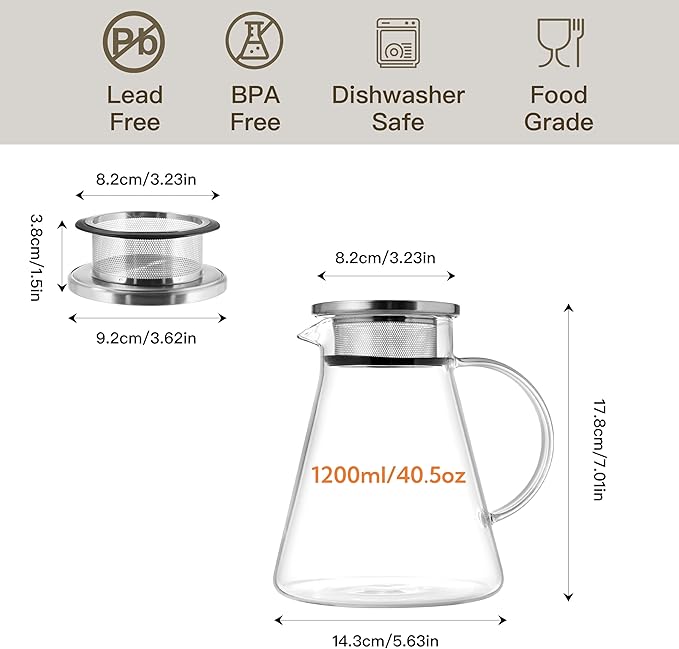 CNGLASS 40oz/1200ml Glass Teapot Stovetop Safe,One-Touch Clear Tea Kettle,Blooming and Loose Leaf Tea Maker