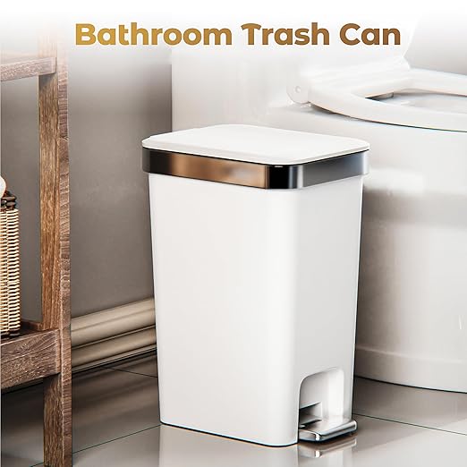 Small Bathroom Trash Can with Lid Soft Close, 10 Liter/2.6 Gallon Slim Garbage Can-Metal Step and Press top Lid, Mini Modern Waste Basket for Toilet, Office, Bedroom,Dorm,Grayish-White
