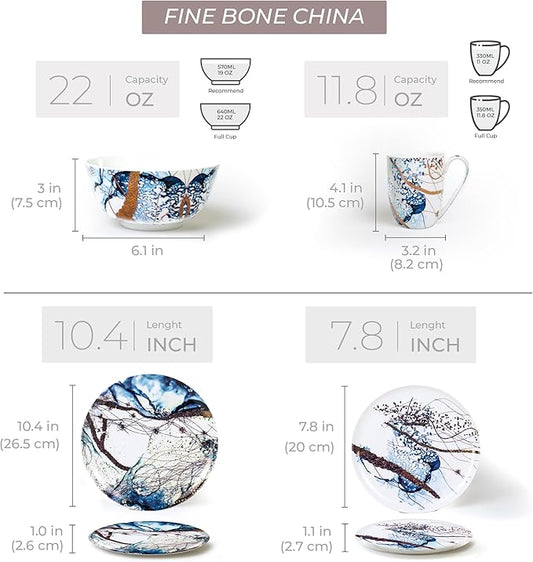KOKEN - Ocean Blue 16 Piece Dinnerware Set (Service for 4) fine bone china - Dish Plates and Bowls Sets, Service for 4, Dinner Salad Dessert Plates, and Cereal Bowls Set, Blue - Microwave safe