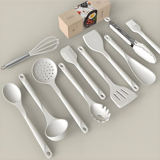 Silicone Cooking Utensils Set - 600°F Heat Resistant, Nonstick Kitchen Utensil Set with Spatulas, Spoons, Whisk, Tongs, BPA Free, Dishwasher Safe, Cream White